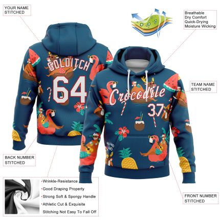 Navy 3D Tropical Santa Reindeer Flamingo Pullover Hoodie Sports Sweatshirt Custom Stitched Custom Stitched Navy White-Red