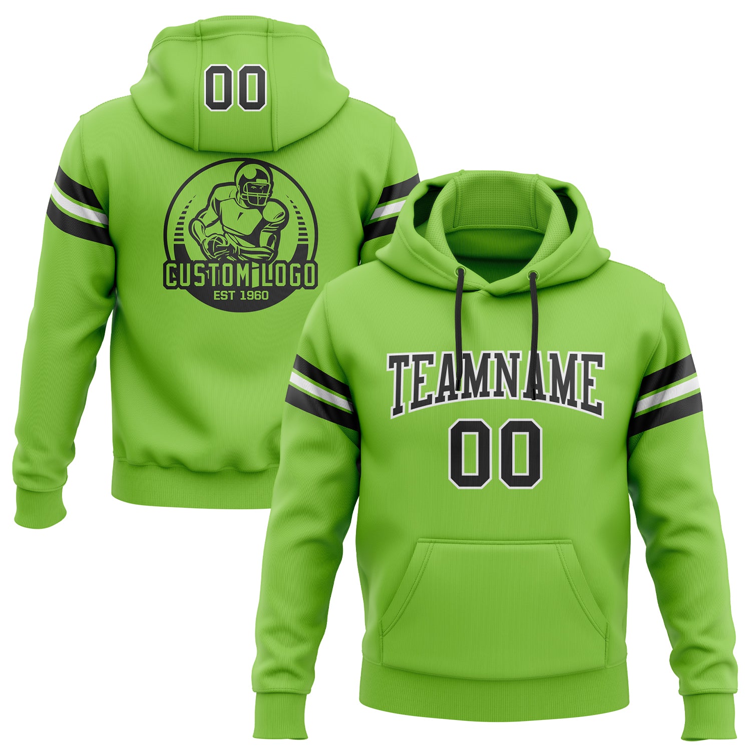Neon Green Black-White Stitched Hoodie Custom Pullover Sweatshirt for Football Custom Stitched Neon Green Black-White Football