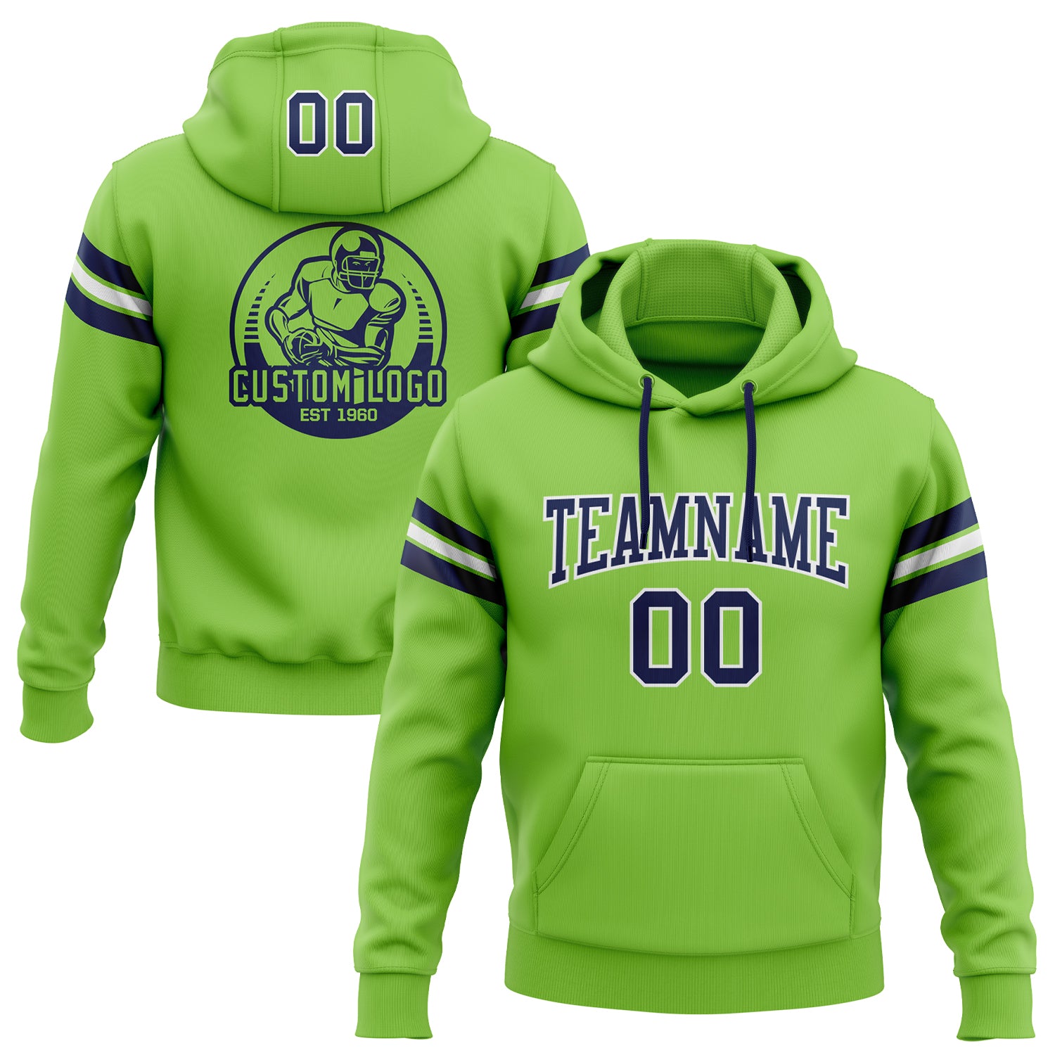 Custom Stitched Neon Green Navy-White Football Pullover Sweatshirt Hoodie Neon Green Navy-White Custom Pullover Hoodie Sweatshirt for Football Fans Custom Stitched Neon Green Navy-White Football