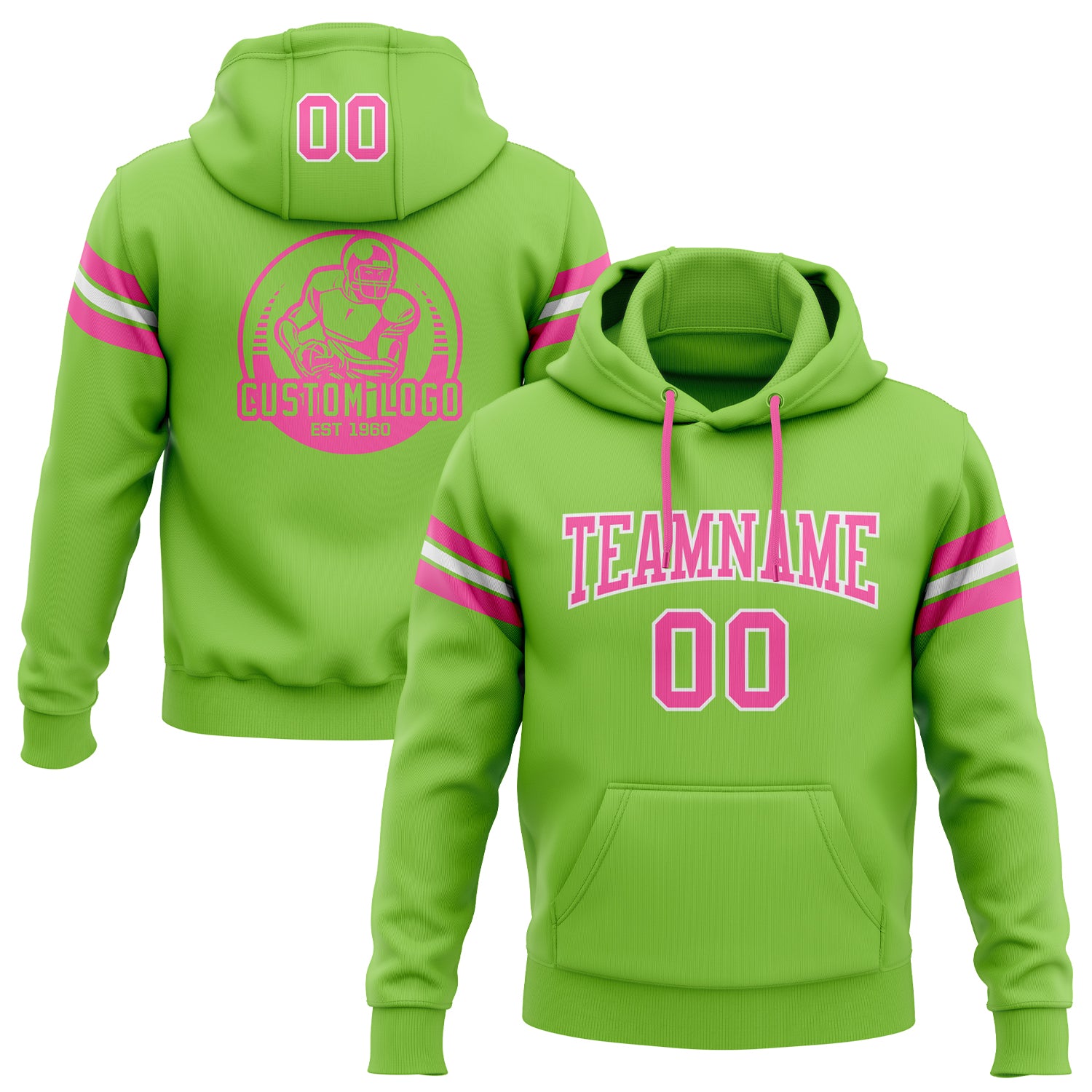 Neon Green Pink White Custom Stitched Hoodie Sweatshirt Pullover for Football Fans Custom Stitched Neon Green Pink-White