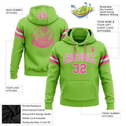 Neon Green Pink White Custom Stitched Hoodie Sweatshirt Pullover for Football Fans Custom Stitched Neon Green Pink-White