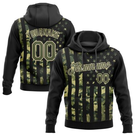 3D American Flag Pullover Hoodie - Custom Stitched Olive Olive-Cream Sports Sweatshirt, Salute To Service Custom Stitched