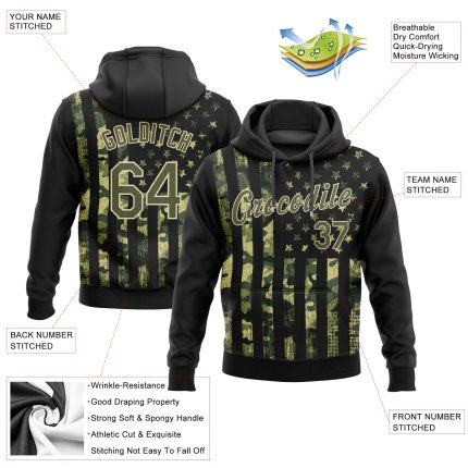 3D American Flag Pullover Hoodie - Custom Stitched Olive Olive-Cream Sports Sweatshirt, Salute To Service Custom Stitched