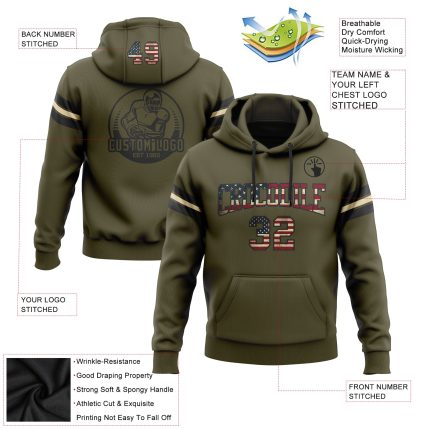 Olive Vintage USA Flag Football Hoodie Black-Cream Custom Stitched Pullover Sweatshirt Salute To Service Custom Stitched