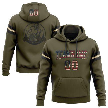 Olive Vintage USA Flag Football Hoodie Black-Cream Custom Stitched Pullover Sweatshirt Salute To Service Custom Stitched