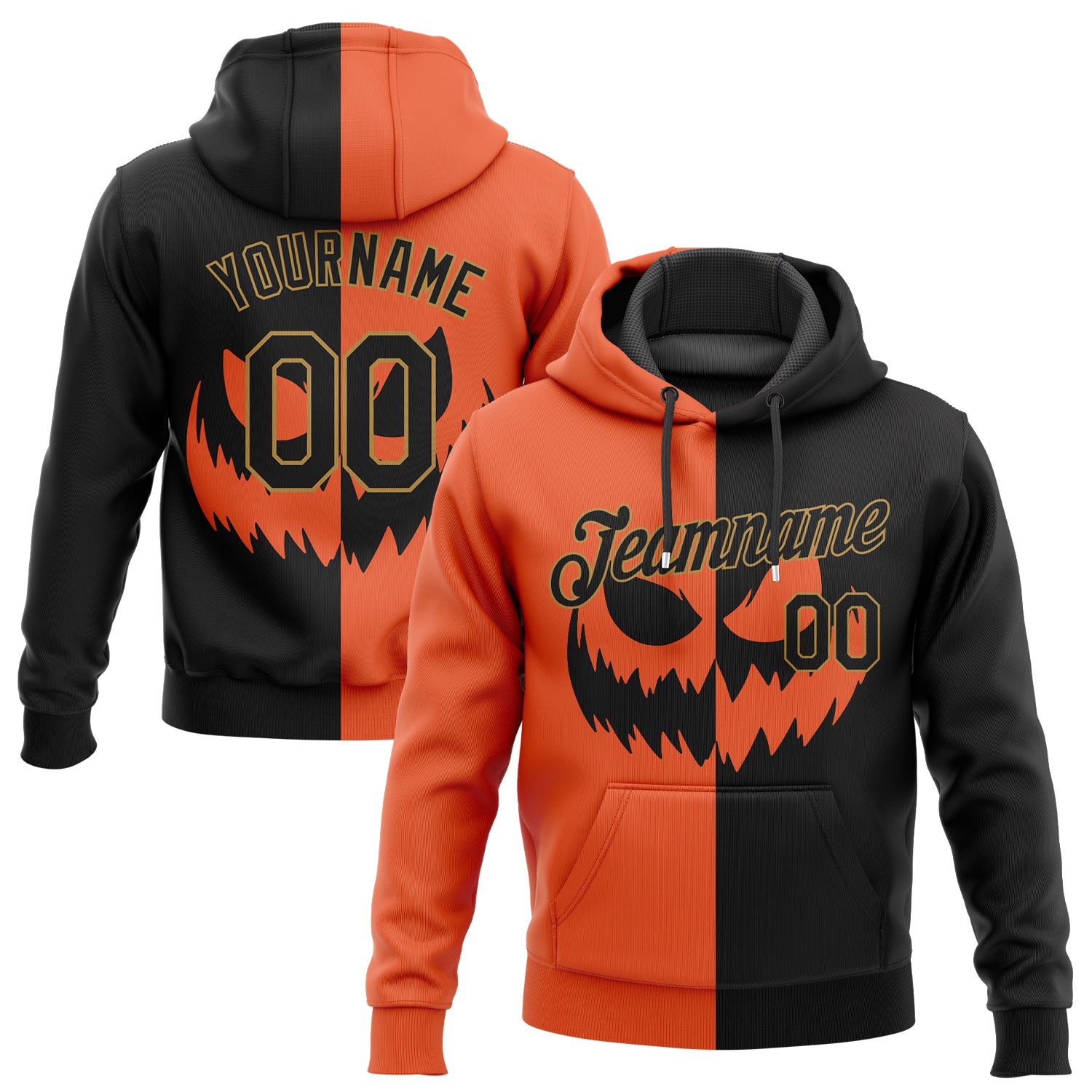 Halloween Pumpkin Scary Faces Pullover Hoodie - Custom Stitched 3D Pattern Orange Black Old Gold Sports Salute to Service Sweatshirt