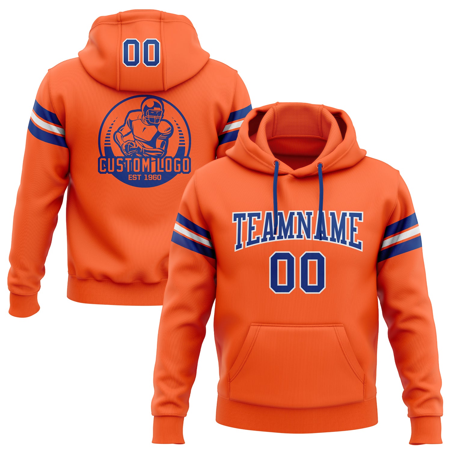Orange White Custom Stitched Football Hoodie Pullover Sweatshirt for Men and Women Custom Stitched Orange Royal-White Football