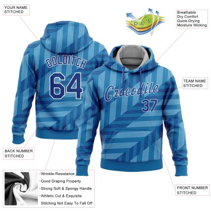Powder Blue Royal-White 3D Pattern Sports Hoodie Pullover Sweatshirt Custom Stitched Design Custom Stitched Powder Blue Royal-White