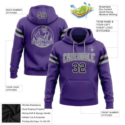 Custom Stitched Purple Black Gray Hoodie Pullover Sweatshirt for Football Fans Custom Stitched Purple Black-Gray Football