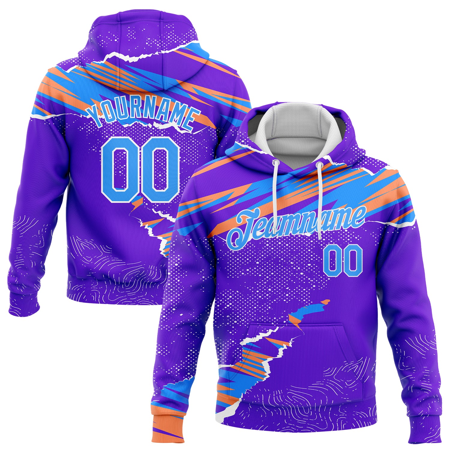 3D Pattern Design Sports Hoodie - Custom Stitched Purple Light Blue Orange White Pullover Sweatshirt Custom Stitched Purple