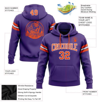 Purple Orange White Football Hoodie Custom Stitched Pullover Sweatshirt Custom Stitched Purple Orange-White Football Pullover