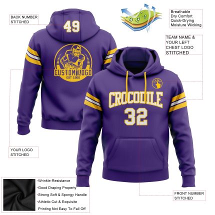 Custom Stitched Football Hoodie in Purple White Gold | Pullover Sweatshirt Custom Stitched Purple White-Gold Football Pullover