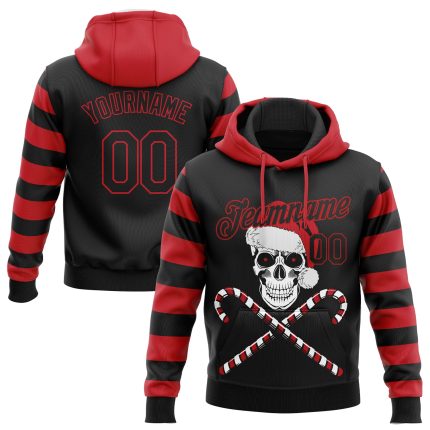 3D Skull Christmas Santa Hat Pullover Hoodie, Custom Stitched Red Black White Sweatshirt Custom Stitched Red Black-White