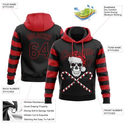 3D Skull Christmas Santa Hat Pullover Hoodie, Custom Stitched Red Black White Sweatshirt Custom Stitched Red Black-White