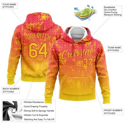 3D Pattern Gradient Abstract Red Gold Sports Hoodie Pullover Sweatshirt Custom Stitched Design Custom Stitched Red Gold 3D