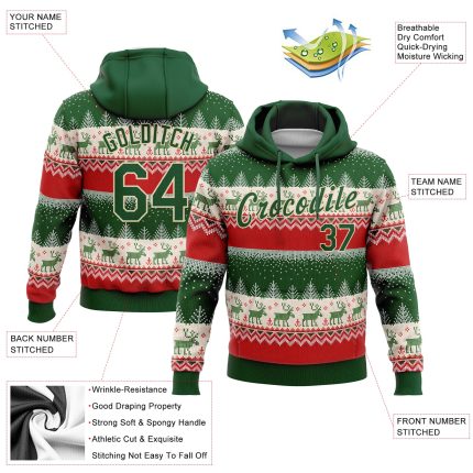 3D Christmas Reindeers Pullover Hoodie, Custom Stitched Red Green-Cream Sweatshirt Custom Stitched Red Green-Cream 3D Christmas
