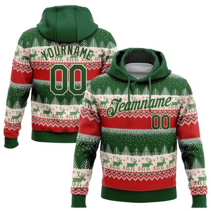 3D Christmas Reindeers Pullover Hoodie, Custom Stitched Red Green-Cream Sweatshirt Custom Stitched Red Green-Cream 3D Christmas