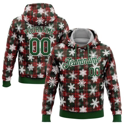 Custom 3D Christmas Plaid Snow Sports Hoodie Sweatshirt - Red Green White Pullover Custom Stitched Red Green-White 3D Christmas