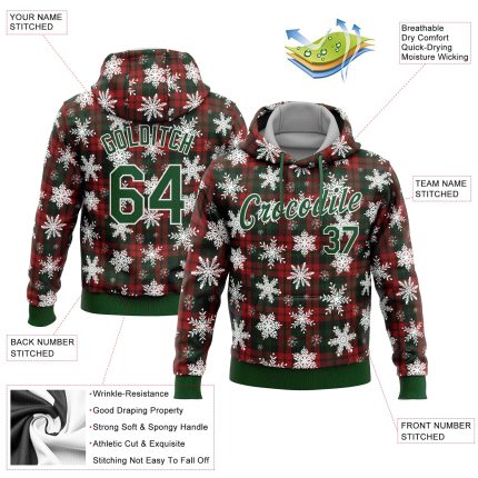 Custom 3D Christmas Plaid Snow Sports Hoodie Sweatshirt - Red Green White Pullover Custom Stitched Red Green-White 3D Christmas