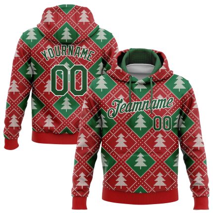 3D Christmas Trees Sports Pullover Hoodie Custom Stitched Red Green White Custom Stitched Red Green-White 3D Christmas Trees