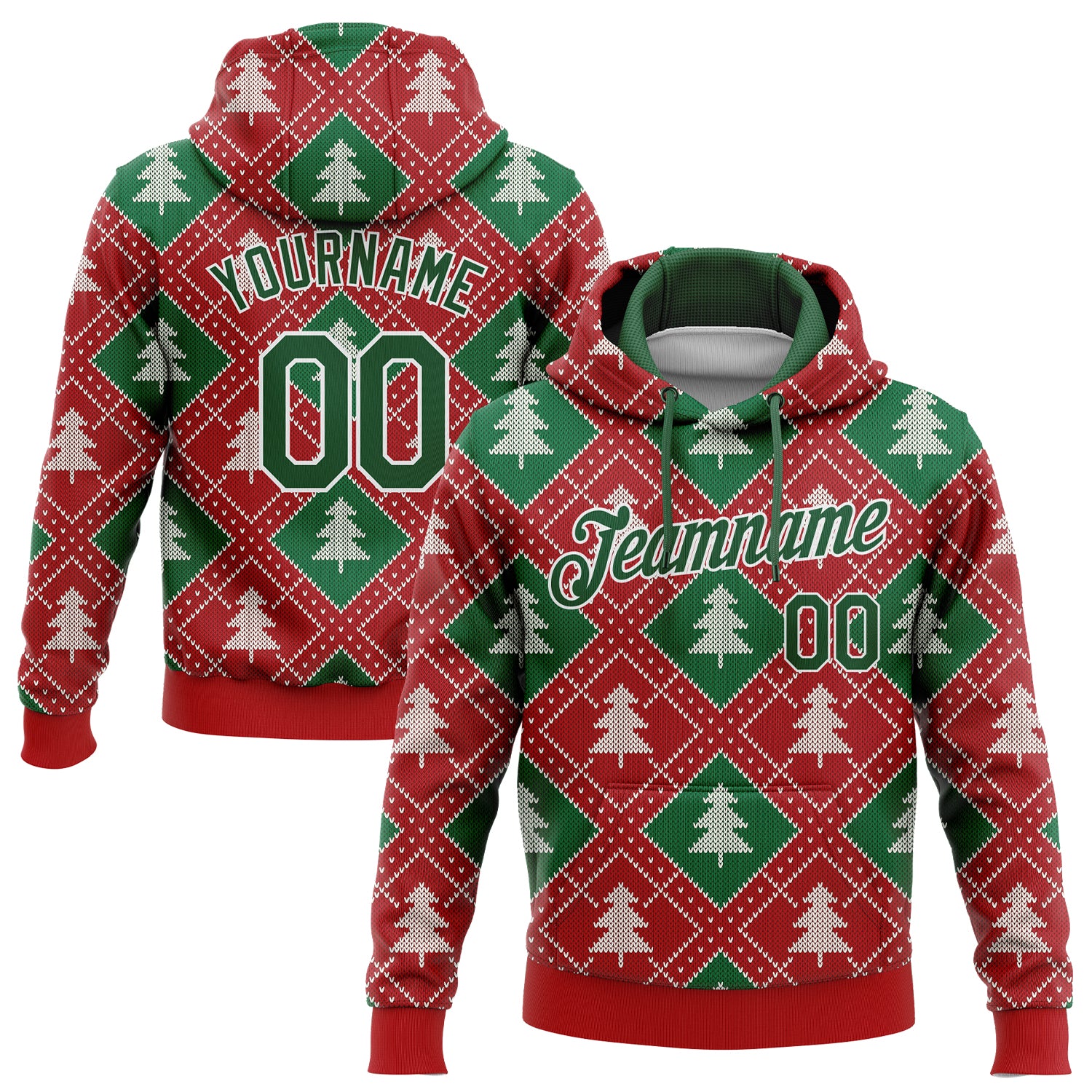 3D Christmas Trees Sports Pullover Hoodie Custom Stitched Red Green White Custom Stitched Red Green-White 3D Christmas Trees