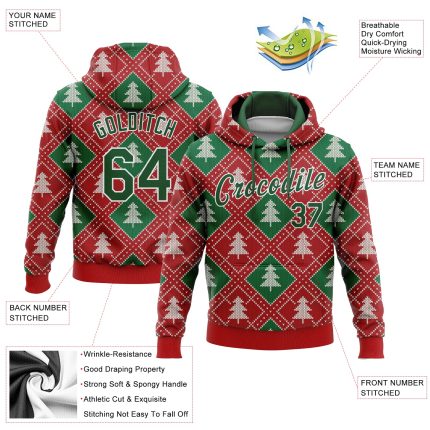 3D Christmas Trees Sports Pullover Hoodie Custom Stitched Red Green White Custom Stitched Red Green-White 3D Christmas Trees