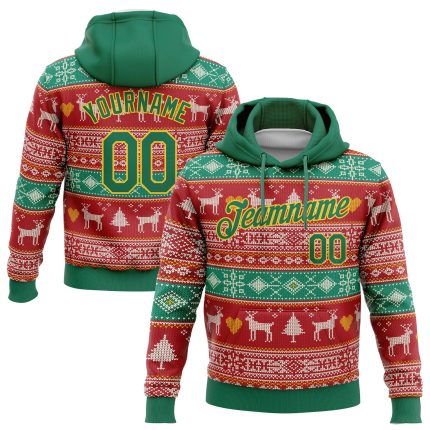 3D Christmas Reindeer Pullover Hoodie Sweatshirt - Custom Stitched Red Kelly Green-Gold Design Custom Stitched Red Kelly