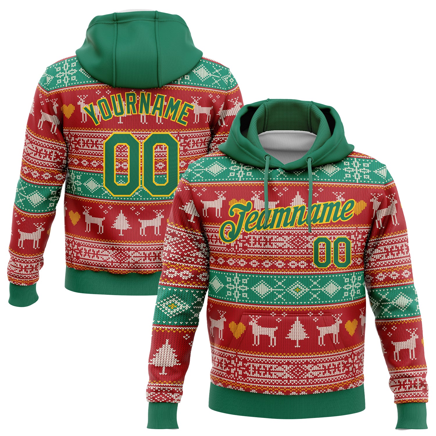 3D Christmas Reindeer Pullover Hoodie Sweatshirt - Custom Stitched Red Kelly Green-Gold Design Custom Stitched Red Kelly
