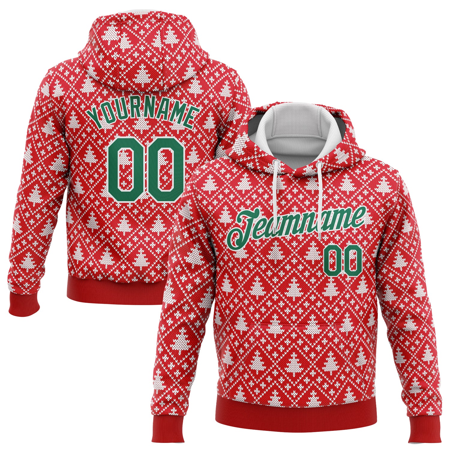 Red Green White Christmas Trees 3D Sports Hoodie Pullover Sweatshirt Custom Stitched Style 8617 Custom Stitched Red Kelly