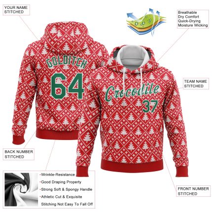 Red Green White Christmas Trees 3D Sports Hoodie Pullover Sweatshirt Custom Stitched Style 8617 Custom Stitched Red Kelly