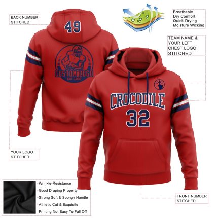 Red Navy White Custom Stitched Football Hoodie Sweatshirt Pullover for Men and Women Custom Stitched Red Navy-White Football
