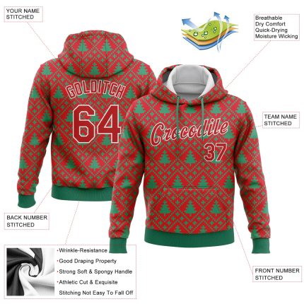 3D Christmas Trees Sports Hoodie Custom Stitched Red Kelly Green Pullover Sweatshirt Custom Stitched Red Red-Kelly Green