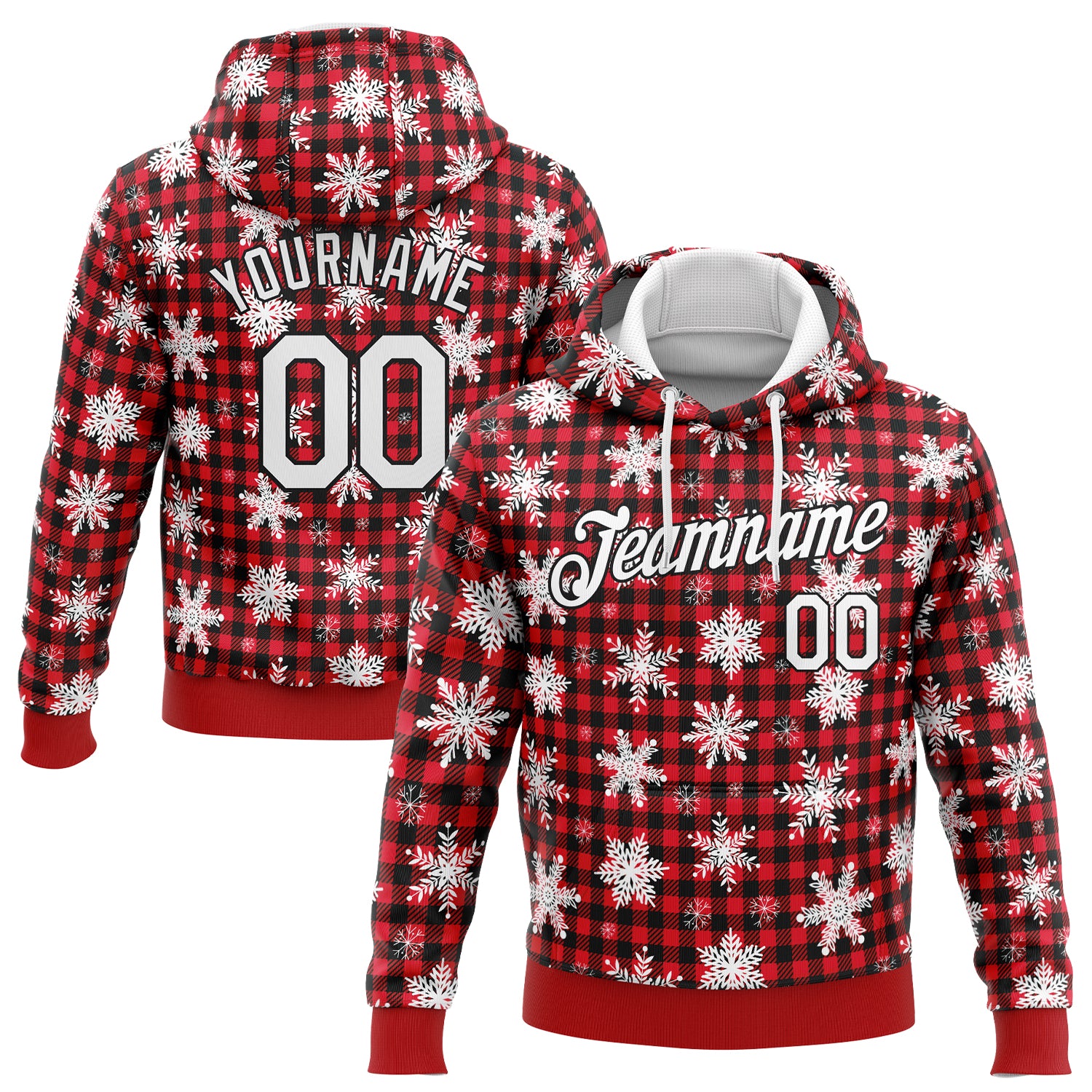 Red White Black 3D Christmas Plaid Sweatshirt Hoodie Custom Stitched for Snow Sports Custom Stitched Red White-Black 3D Christmas