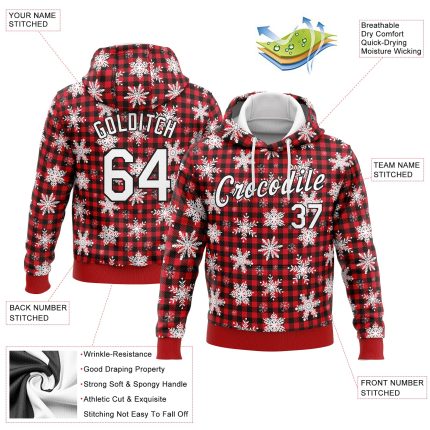 Red White Black 3D Christmas Plaid Sweatshirt Hoodie Custom Stitched for Snow Sports Custom Stitched Red White-Black 3D Christmas