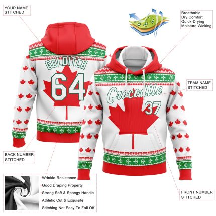 3D Canadian Flag Pullover Hoodie Sweatshirt - Custom Stitched Red White Kelly Green Custom Stitched Red White-Kelly Green
