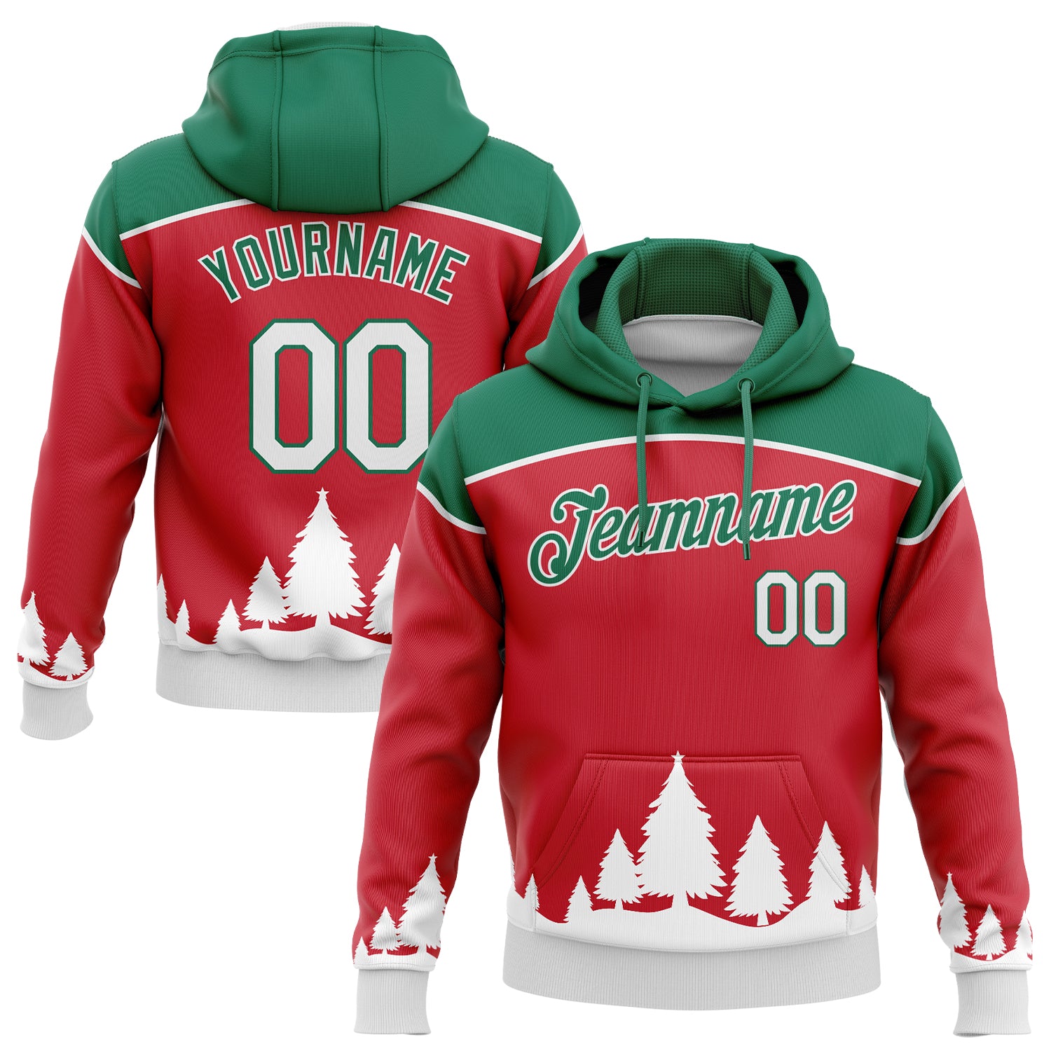 3D Christmas Trees Sports Hoodie Custom Stitched Red White Kelly Green Pullover Sweatshirt Custom Stitched Red White-Kelly
