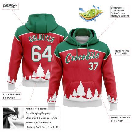 3D Christmas Trees Sports Hoodie Custom Stitched Red White Kelly Green Pullover Sweatshirt Custom Stitched Red White-Kelly