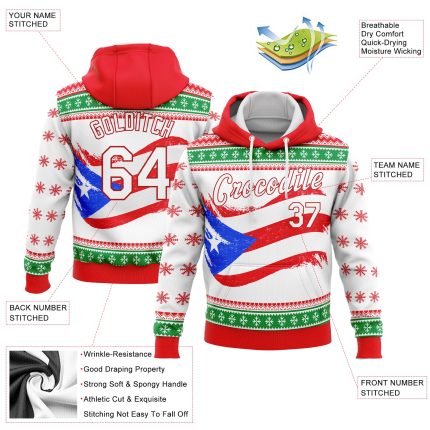 Puerto Rican Flag Hoodie - Custom Stitched 3D Red White-Kelly Green Sports Pullover Sweatshirt Custom Stitched Red White-Kelly