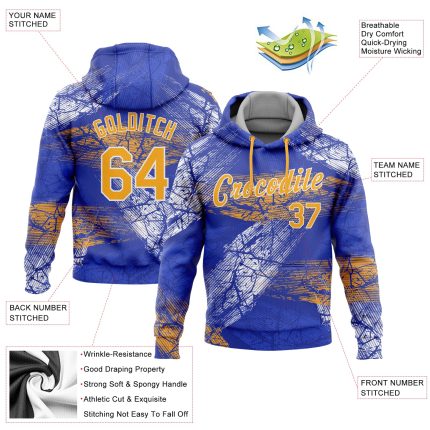 Royal Gold-White 3D Pattern Hoodie Custom Stitched Sports Pullover Sweatshirt Custom Stitched Royal Gold-White 3D Pattern
