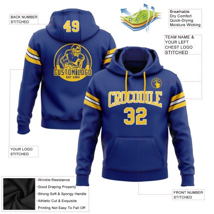 Royal Gold-White Custom Football Hoodie Sweatshirt - Stitched Pullover Apparel Custom Stitched Royal Gold-White Football