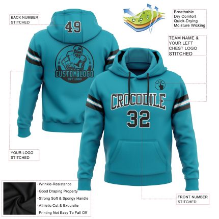 Teal Black White Football Hoodie Custom Pullover Sweatshirt for Men and Women Custom Stitched Teal Black-White Football Pullover
