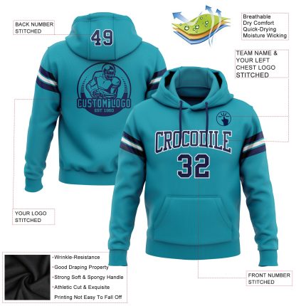 Teal Navy White Custom Stitched Football Hoodie Pullover Sweatshirt Custom Stitched Teal Navy-White Football Pullover Sweatshirt
