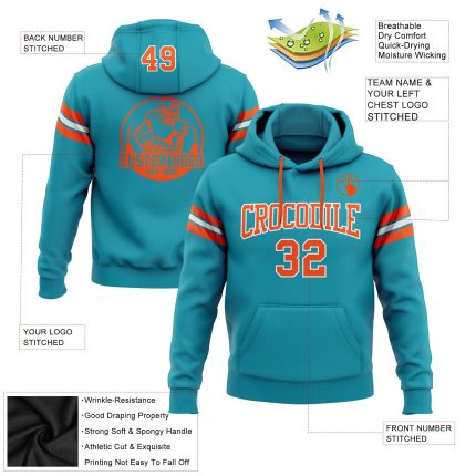 Teal Orange White Football Hoodie Custom Stitched Pullover Sweatshirt Custom Stitched Teal Orange-White Football Pullover