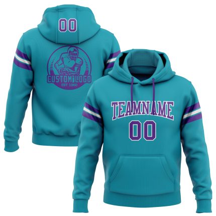 Teal Purple White Custom Stitched Hoodie Sweatshirt Pullover for Football Custom Stitched Teal Purple-White Football Pullover
