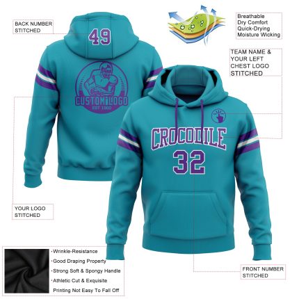 Teal Purple White Custom Stitched Hoodie Sweatshirt Pullover for Football Custom Stitched Teal Purple-White Football Pullover