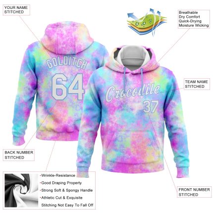 Custom Tie Dye Hoodie White Light Blue 3D Watercolor Gradient Sports Sweatshirt Pullover Custom Stitched Tie Dye White-Light