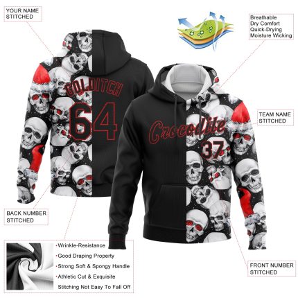 Custom 3D Skulls Hoodie with Santa Hat - White Black-Red Sports Pullover Sweatshirt Style 7059 Custom Stitched White Black-Red