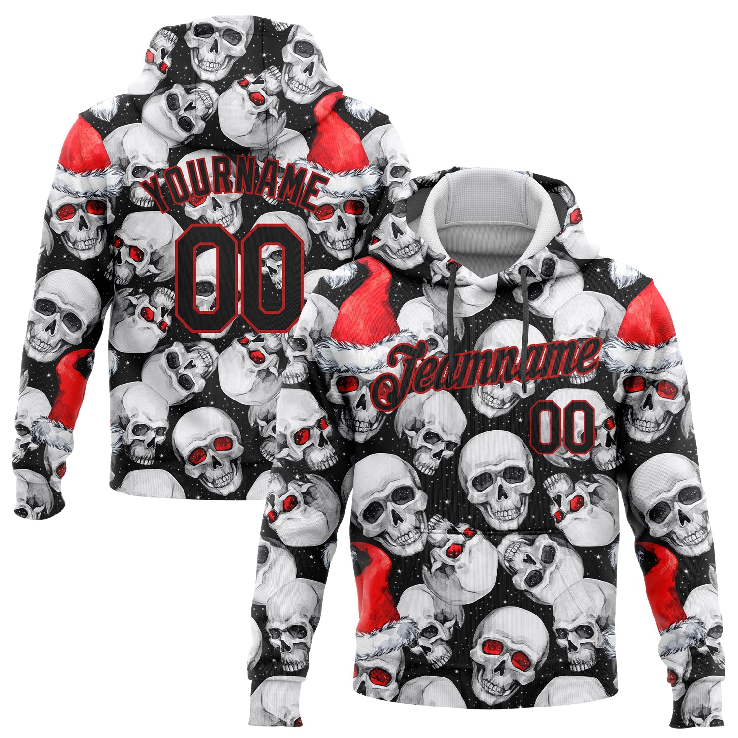 Custom Stitched 3D Skulls Christmas Santa Hat Hoodie, Pullover Sweatshirt in White Red Black Custom Stitched White Black-Red