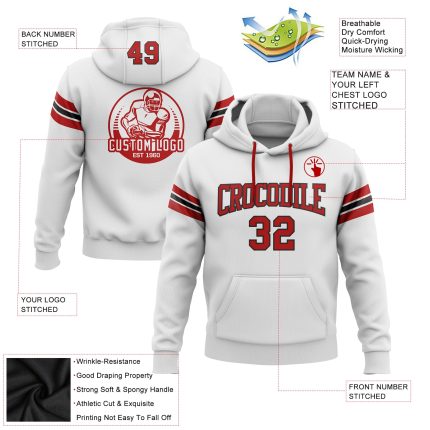 Custom Stitched Football Hoodie Sweatshirt in White Red-Black for Comfort and Style Custom Stitched White Red-Black Football