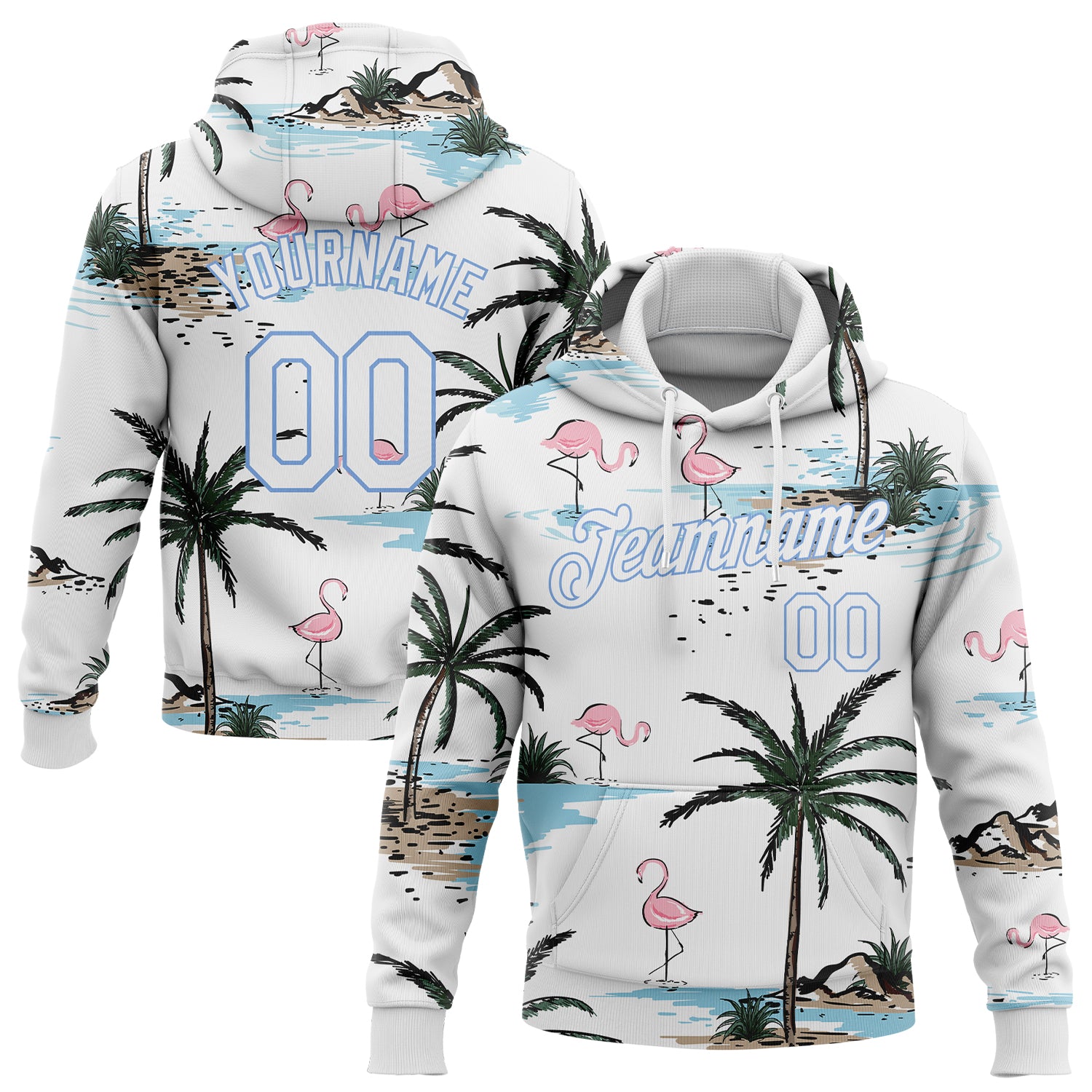 Custom Stitched White White-Light Blue 3D Pattern Design Hawaii Palm Trees Sports Pullover Sweatshirt Hoodie Custom Stitched Hawaii Palm Trees 3D Pattern Sweatshirt Hoodie in White Light Blue Custom Stitched White White-Light Blue
